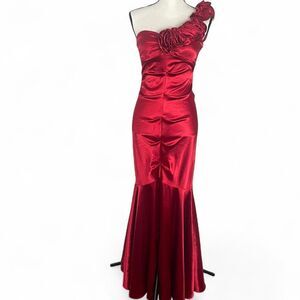 Blondie Nites Red Satin Dress Ruffle Mermaid Formal Gown Maxi Roses Size 5